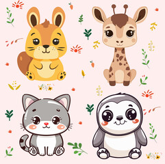 Cute Kawaii Animals Illustration - Squirrel, Giraffe, Cat, and Penguin