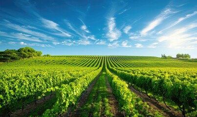 Vineyard landscape with rows of grapevines under a clear blue sky
