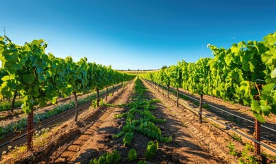 Naklejka premium Vineyard landscape with rows of grapevines under a clear blue sky