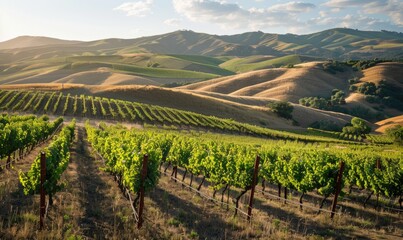 Fototapeta premium Vineyard with grapevines and rolling hills in the background