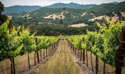 Fototapeta premium Vineyard with grapevines and rolling hills in the background