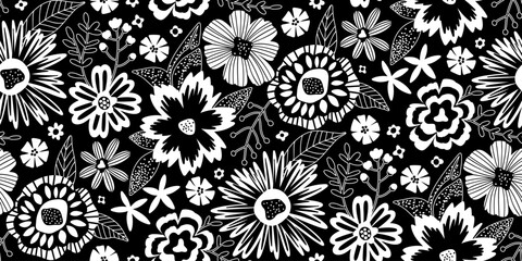 Half drop Floral Seamless Pattern of Fantasy Flowers in Black and White. Wallpaper Design for Textiles, Papers, Prints, Fashion, Beauty Products, Wrappings.