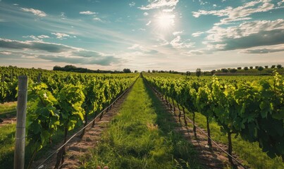 Naklejka premium Vineyard with lush green grapevines and a mountain backdrop