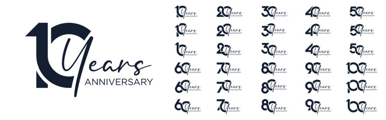 collection anniversary 10 to 100 year logo designs. abstract number for celebration event, wedding, greeting card, and invitation, vector illustration