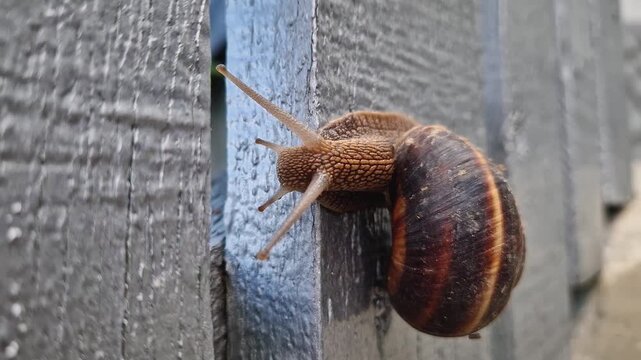 Closeup of a big garden snail Helix pomatia moving on the fence. Burgundy escargot a species of large, air-breathing stylommatophora with a globular brown shell