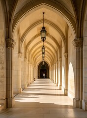 Obraz premium Woman Walking in Corridor with White Arches and Columns, Beige Brick Walls, and Dappled Light, Modern Architecture