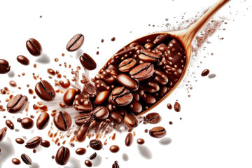 Granos de café tostados saliendo de una pala, Fondo transparente