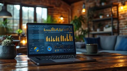 Detailed Data Analysis Displayed on Laptop in Cozy Brick-Walled Home Office During Evening Hours. Generative AI