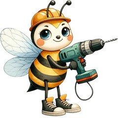 watercolor bee in engineer uniform with electric drill