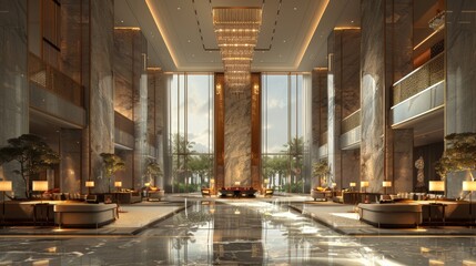luxurious hotel lobby, experience the lavish grandeur of a luxury lobby with a stunning chandelier hanging beautifully from high ceilings, oozing opulence in every detail