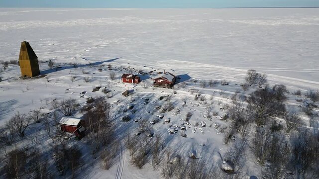 Aerial view of Tasku island in Raahe at winter time.