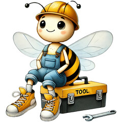 watercolor bee in engineer uniform sitting on tools box