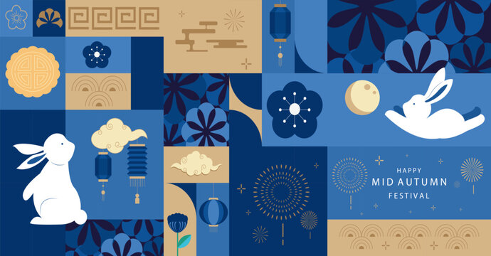 mid-autumn geometric festival background with rabbit,mooncake,moon .vector for a4 horizontal design