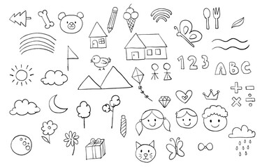 cute scribble element object with bear,tree,rainbow,123,abc,flower
