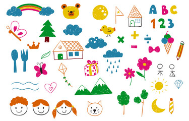 cute scribble element object with bear,tree,rainbow,123,abc,flower