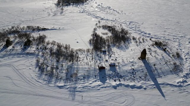 Aerial view of Tasku island in Raahe at winter time.