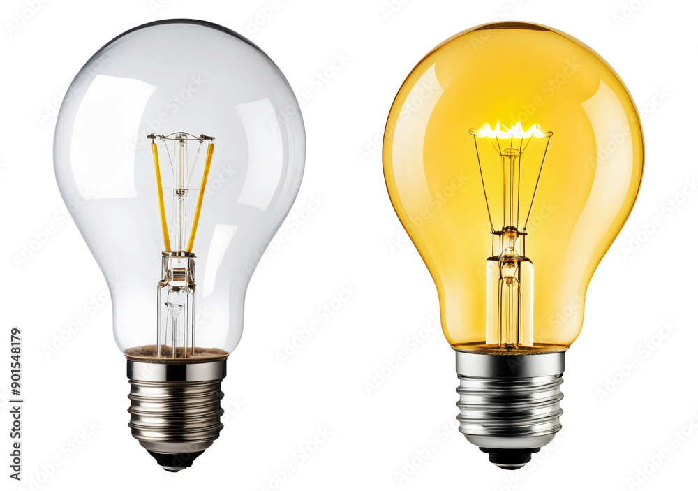 Wall mural yellow light bulb in switch off and switch on state isolated on a transparent background, innovation