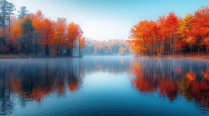 Fototapeta premium Morning autumn fog on the shore of a colorful lake. A mesmerizing and serene landscape of fall.