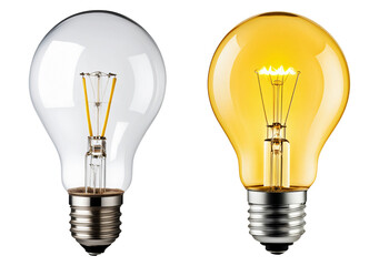 Yellow light bulb in switch off and switch on state isolated on a transparent background, Innovation and idea concept