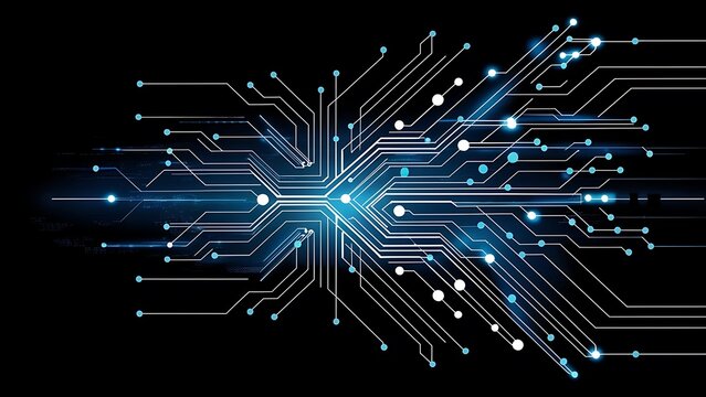 Abstract black background with lines and blue ts that depicts technological advancement