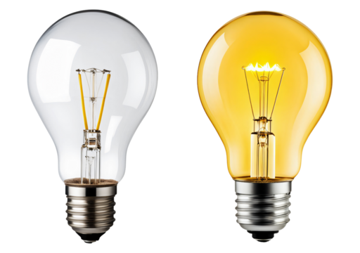 Yellow light bulb in switch off and switch on state isolated on a transparent background, Innovation and idea concept