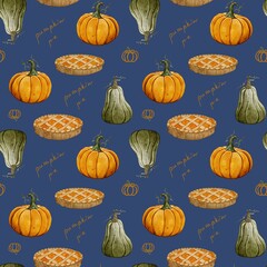 Autumn pattern with pumpkin pie on blue background 