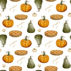 Autumn pattern with pumpkin pie on white background 