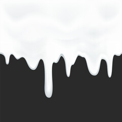 Flowing drops of yogurt, milk or white paint. Seamless template isolated on a black background. Vector mockup