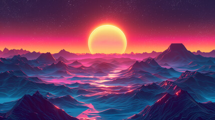 Abstract retro sci-fi grid 80's, 90's neon colors night and sunset, vintage cyberpunk illustration, retro synthwave style neon landscape background. Futuristic night landscape with abstract landscape.