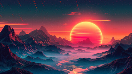 Abstract retro sci-fi grid 80's, 90's neon colors night and sunset, vintage cyberpunk illustration, retro synthwave style neon landscape background. Futuristic night landscape with abstract landscape.