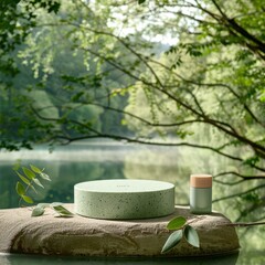Cosmetic Product Podium in Tranquil Green Riverside Environment


