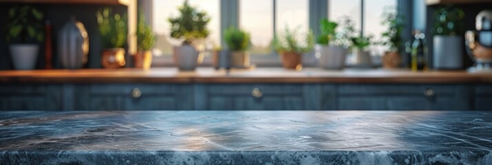 Wide-Angle Shot of Marble Table Top in Minimalist Kitchen

