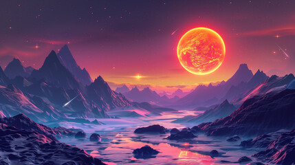 Naklejka premium Abstract retro sci-fi grid 80's, 90's neon colors night and sunset, vintage cyberpunk illustration, retro synthwave style neon landscape background. Futuristic night landscape with abstract landscape.