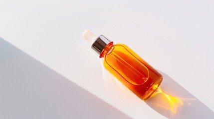 Essential oil bottle with warm orange and yellow hues on a white background, casting a long shadow in sunlight. Ideal for advertising natural beauty products in a spa setting