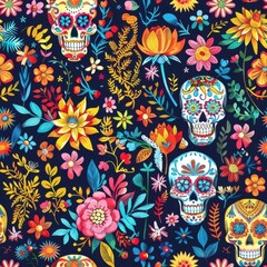 Naklejka premium Pattern of Festive Skulls with Vibrant Floral Arrangements for Dia de los Muertos
