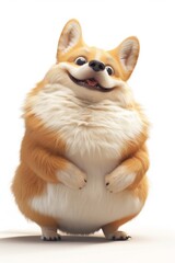 Obraz premium An isolated chubby cute fluffy corgi dog with a fat belly, standing on two legs. In a 3D cute cartoon style 
