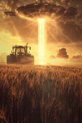 Fototapeta premium UFO, nighttime farm and field, alien invasion, lit interstellar travel research. Survey, inspect, or fly with UAP ship, flying saucer, and tractor beam in nature, grass, or countryside