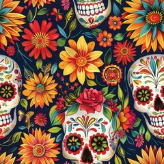 Pattern of Festive Skulls with Vibrant Floral Arrangements for Dia de los Muertos

