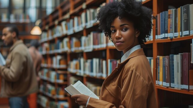 Education, book, or black lady studying at university, college, or school library. Scholarship, research, or gen z African girl that advances knowledge or students