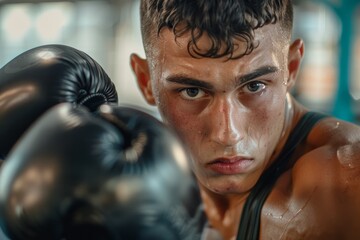 Health, boxing, and athlete practicing for a punching bag and glove bout at a gym. Motivation, martial arts, and MMA fighter practicing at a sports center.