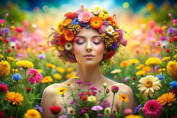 Naklejka premium Vibrant flowers envelop a serene faceless female form, symbolizing emotional healing, positivity, and mental wellness, evoking feelings of joy, hope, and tranquility in a dreamlike atmosphere.