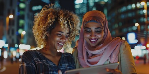 Tablet, night balcony diversity, and joyful ladies assess social media, customer experience, and ecommerce. Data from brand monitoring, media team coordination on online survey analysis