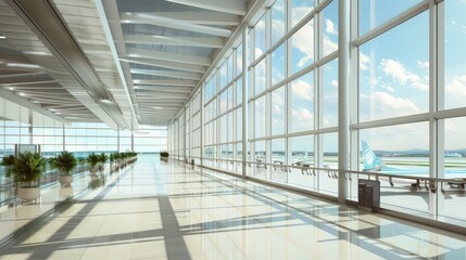 A sleek airport terminal interior with modern architecture and large windows, showcasing the travel environment
