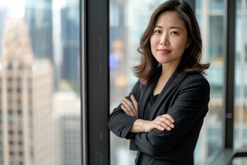 Thinking, crossed arms, confident businesswoman thinking in office. A young, successful Asian female lawyer plans with pride in the modern workplace.