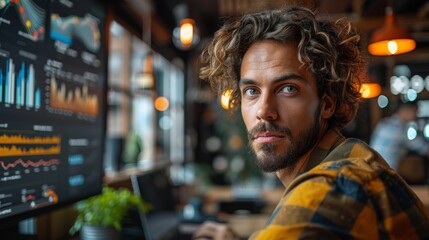 Obraz premium Young Man Analyzing Data on Computer in a Cozy Cafe During Daytime. Generative AI