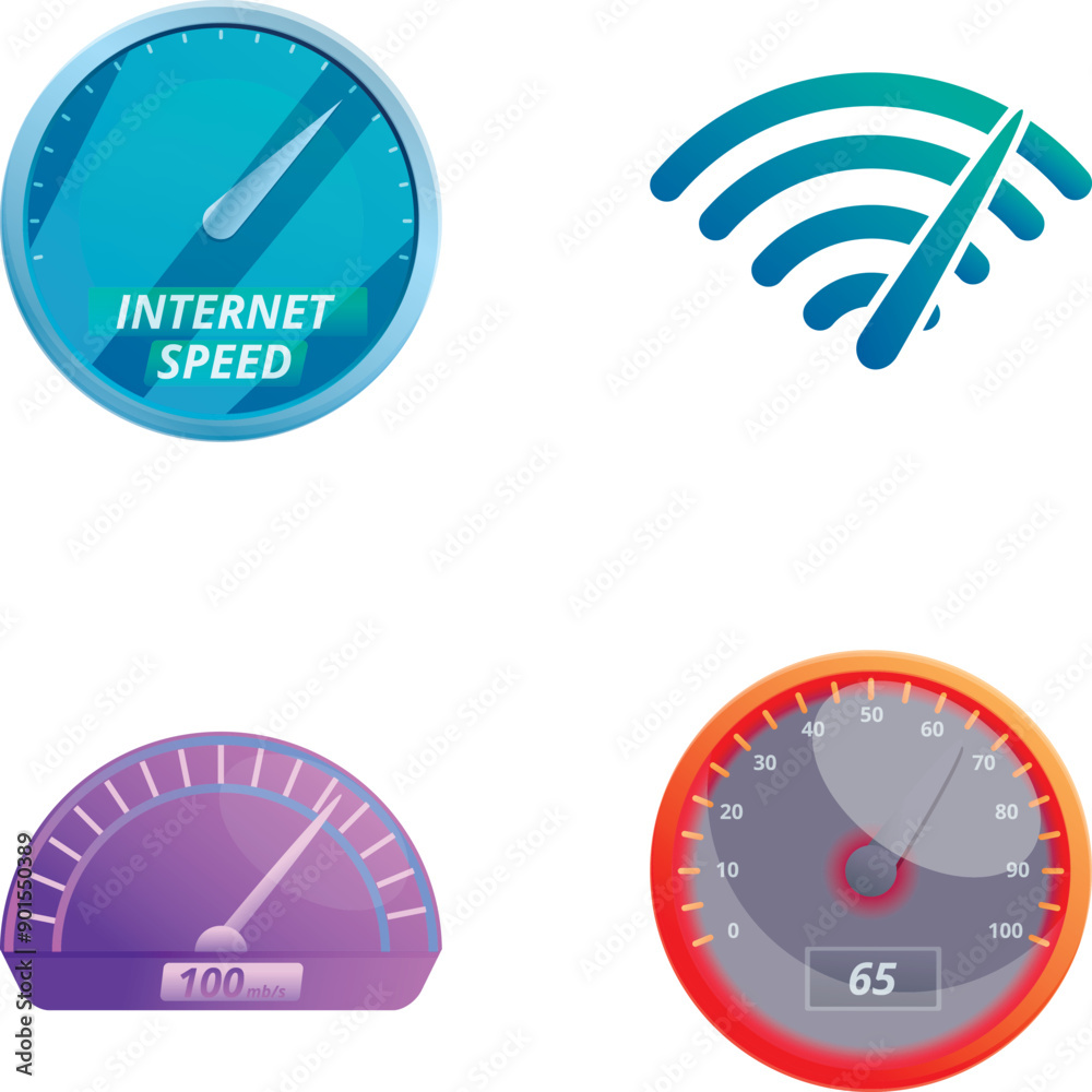 Poster speed meter icons set cartoon vector. different type of speedometer. speed dial indicator