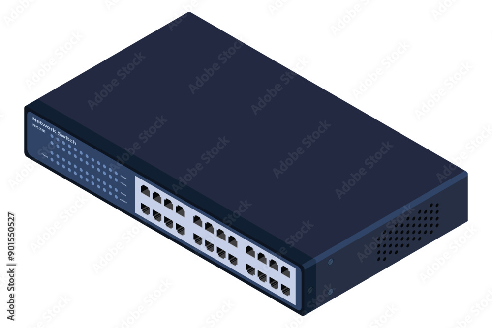 Poster isometric switch. networking ethernet switch. realistic isometric switch. network technology. vector