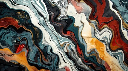 Liquid Marble Texture: Abstract Art in Teal, Gold, and Red