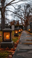 Pathway of Lanterns in Autumn Cemetery at Dusk