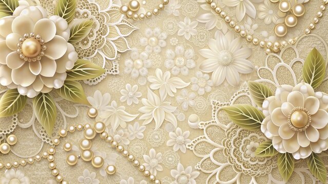 Elegant lace-patterned wedding invitation template poster with ivory flowers, pearls, and golden accents on a soft, creamy background.